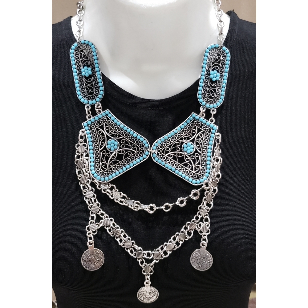 NEW Boho Aztec Beaded Turquoise Statement Necklace & Earrings Set